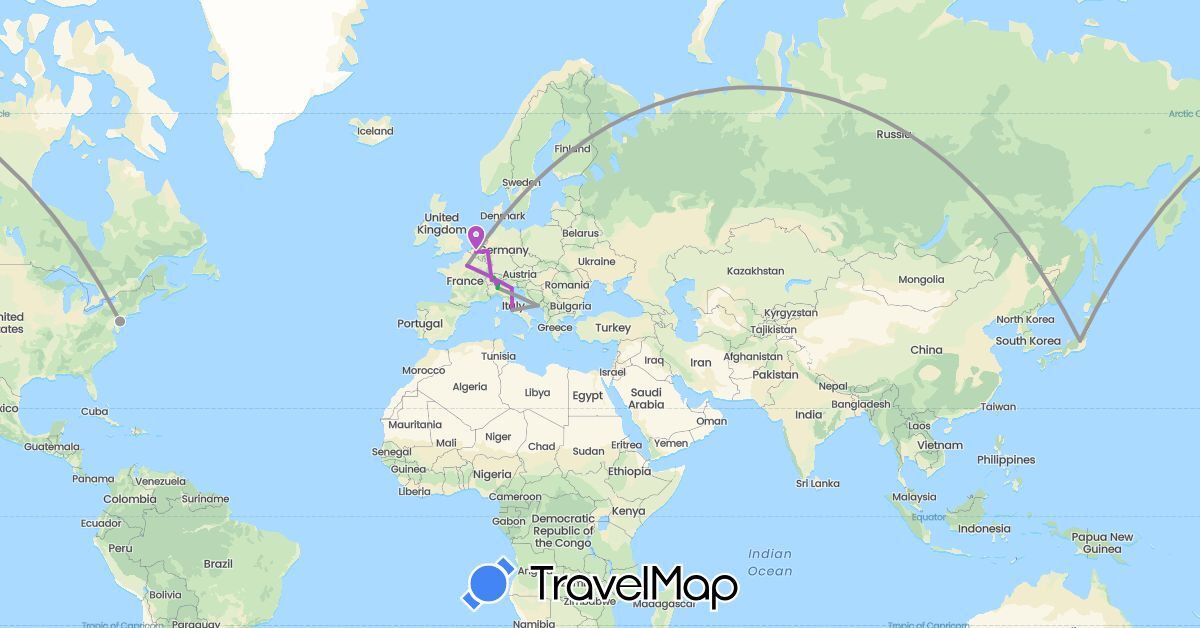 TravelMap itinerary: bus, plane, train in Belgium, Switzerland, Germany, France, Croatia, Italy, Japan, United States (Asia, Europe, North America)
